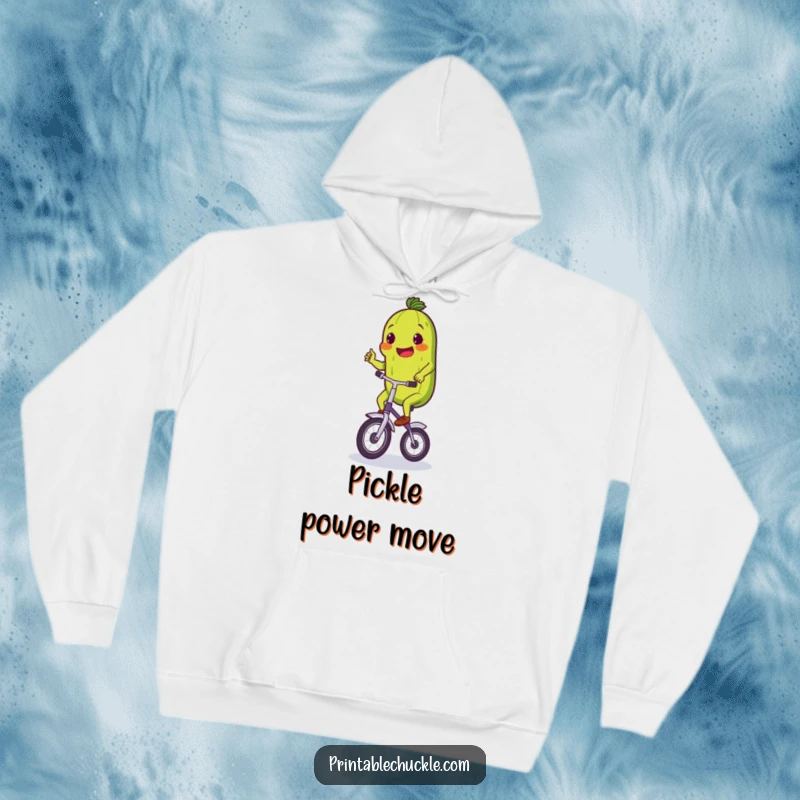 Funny hoodie featuring a proud pickle comically riding a tiny unicycle, offering a cozy and humorous vibe.