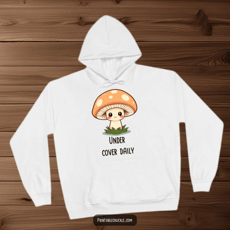 Funny hoodie featuring a shy mushroom peeking from under a large, quirky hat, perfect for cozy days.