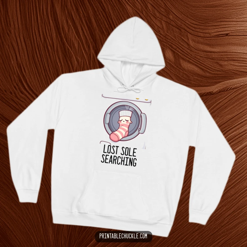 Funny hoodie depicting a sleepy sock being pulled into a dryer by an unseen force, perfect for cozy humor.
