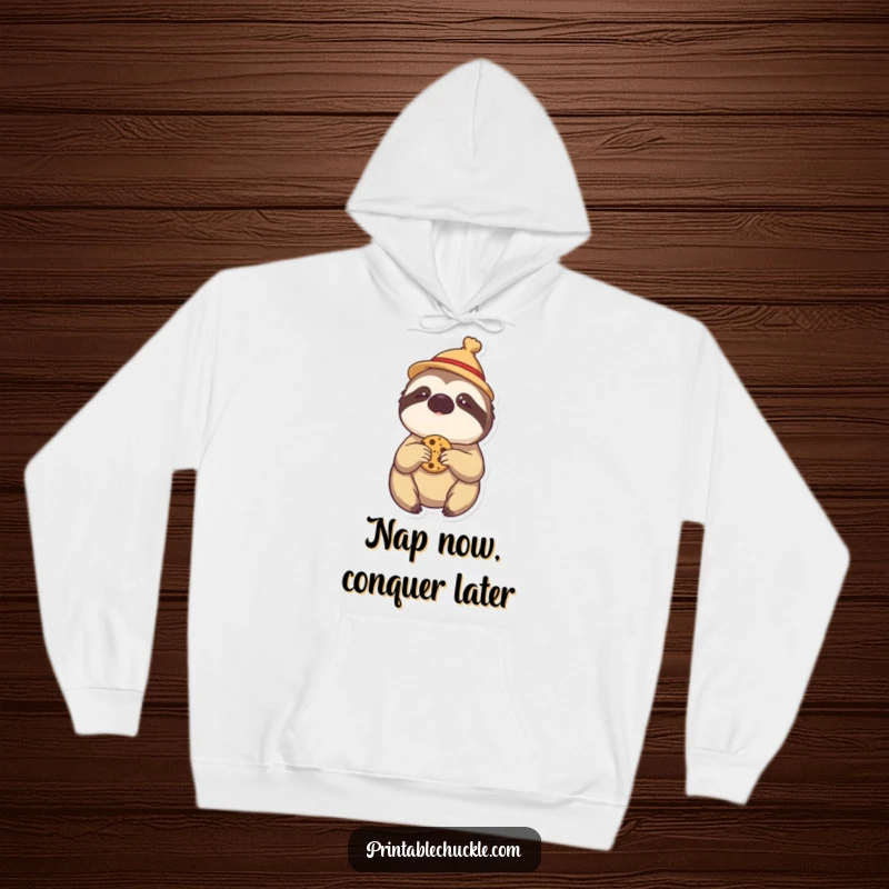 Funny hoodie: a sleepy sloth wearing a tiny hat, reaching for a tempting cookie, ultimate lazy comfort.