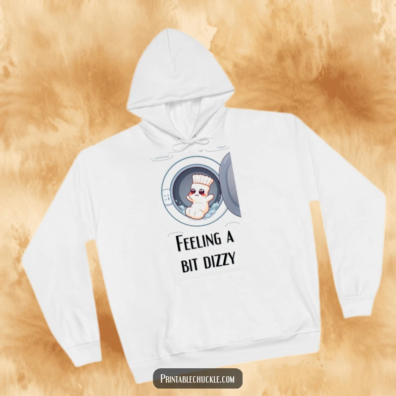 Funny hoodie: a flustered sock with googly eyes tumbling from a washing machine, cozy and humorous.