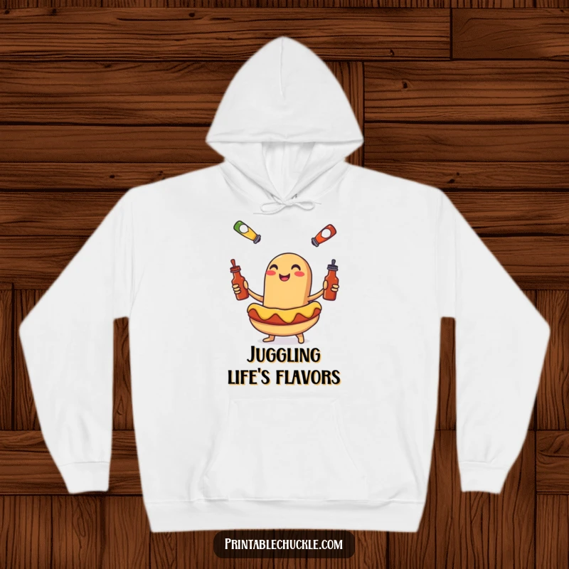 Funny hoodie featuring a smiling hot dog juggling tiny condiment bottles, offering warmth and hilarious foodie humor.