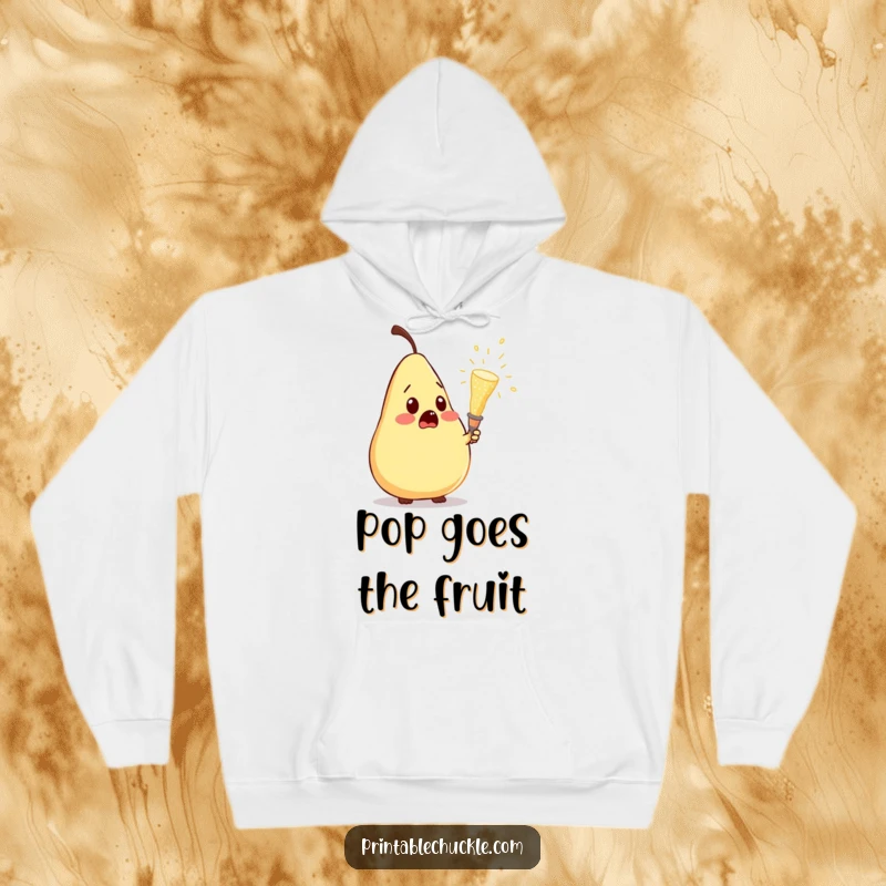 Funny hoodie with a surprised pear reacting to a popping champagne cork, depicting a moment of hilarious, unexpected joy.