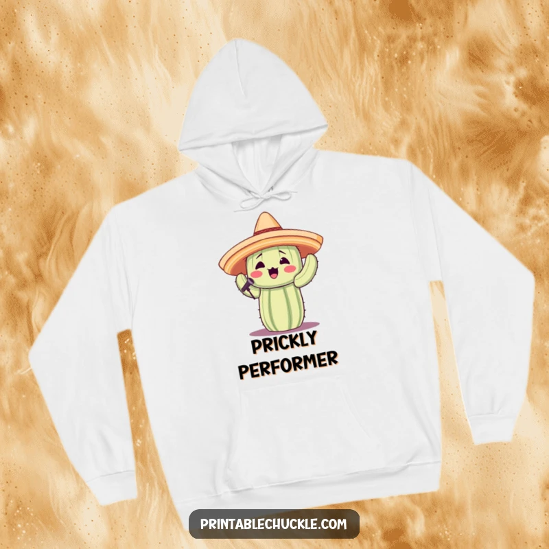 Funny, cozy hoodie featuring a cactus wearing a small sombrero and singing, perfect for comfortable humor.