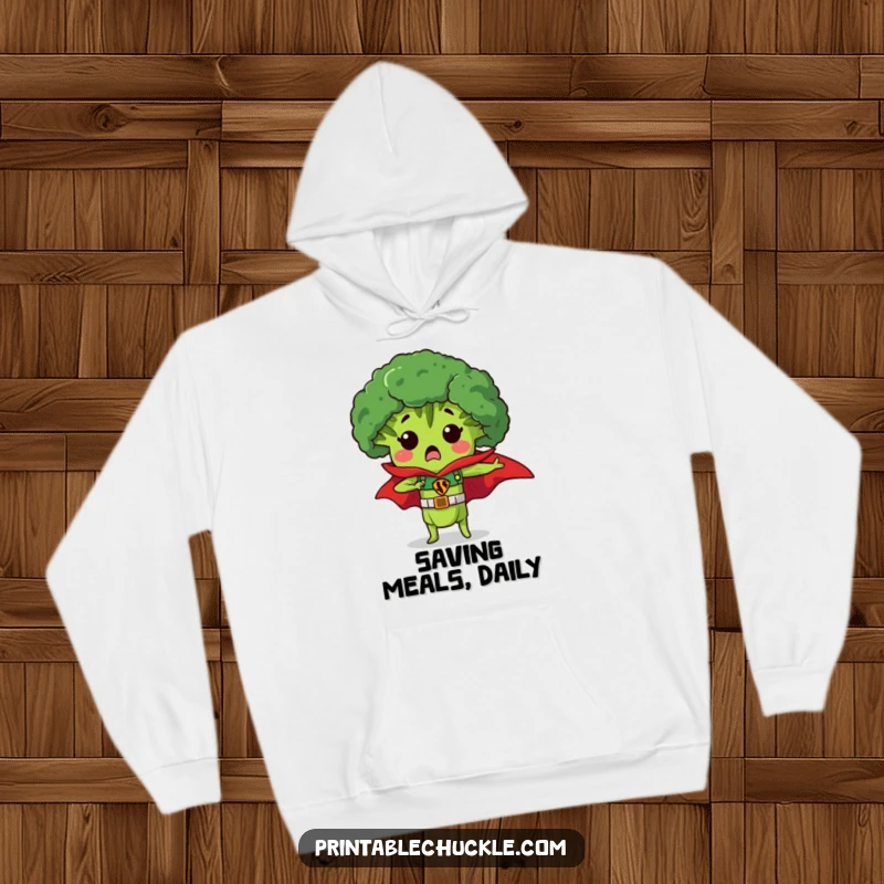 Funny hoodie featuring a surprised piece of broccoli wearing a superhero cape, a warm and humorous gift for all ages.