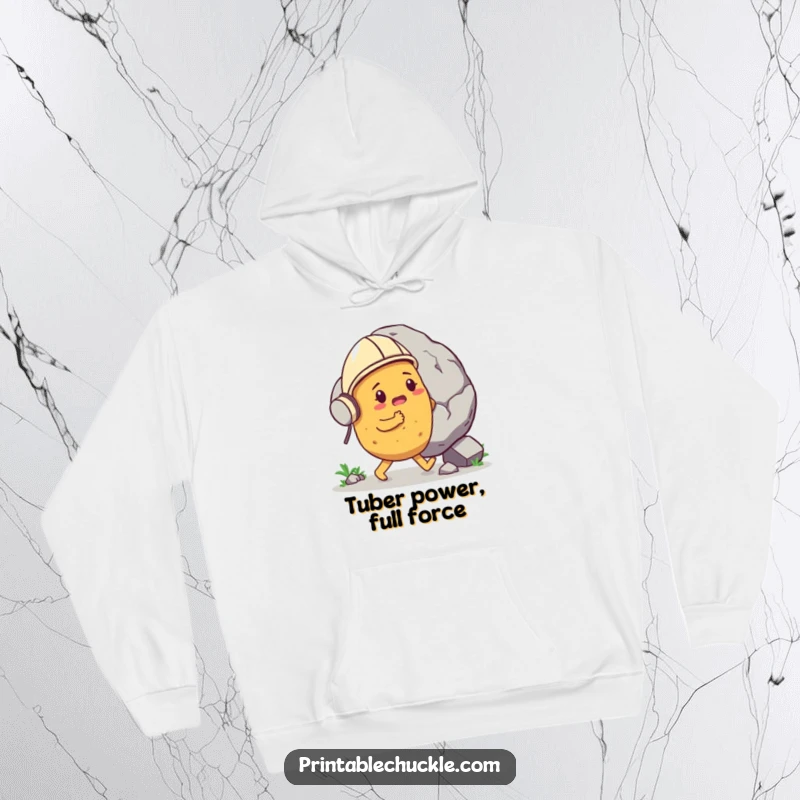 Funny determined potato wearing a tiny helmet, pushing a gigantic boulder, on a cozy hoodie, a hilariously motivational funny gift.