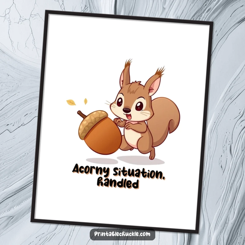 Funny Free Printable Wall Art: A startled acorn dashes away from a focused squirrel, creating a comical scene for any wall.