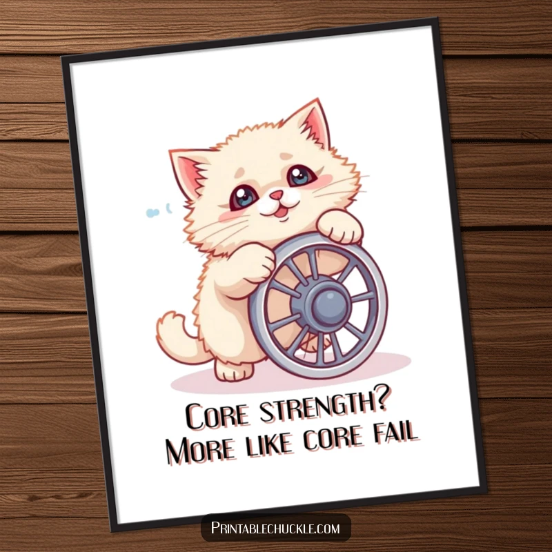 Funny Free Printable Cat Wall Art: A fluffy cat is pictured mid-fall, hilariously failing at using a tiny ab wheel.