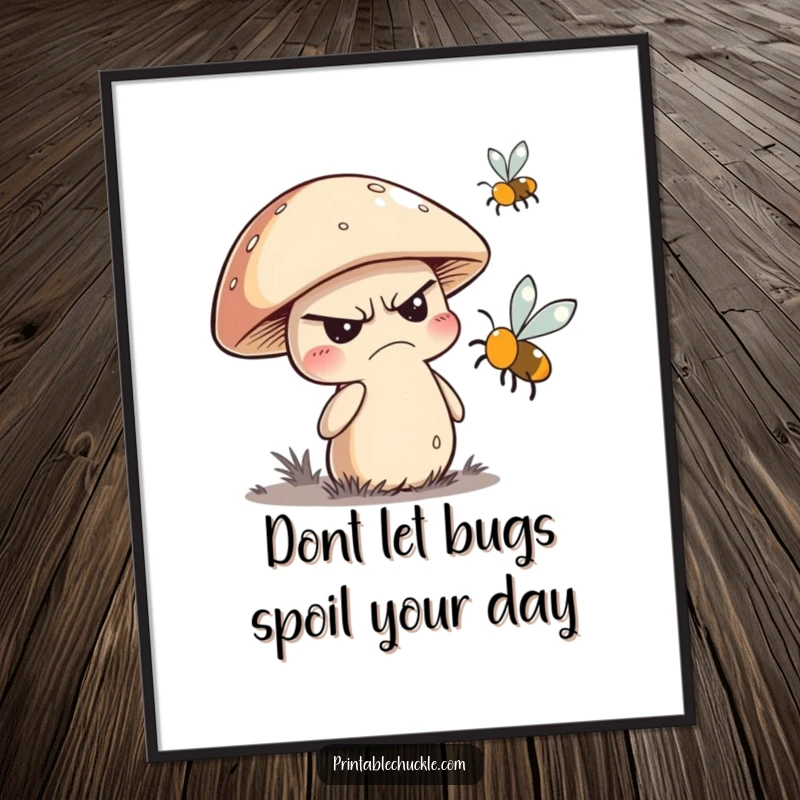 Funny Free Printable Wall Art: A grumpy mushroom character hilariously trying to swat away a buzzing fly, adding quirky humor.