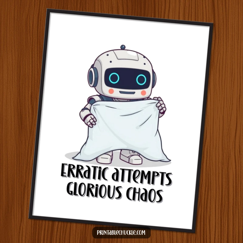 Funny Free Printable Wall Art showing a clumsy robot hilariously failing to fold a fitted sheet, perfect for quirky decor.