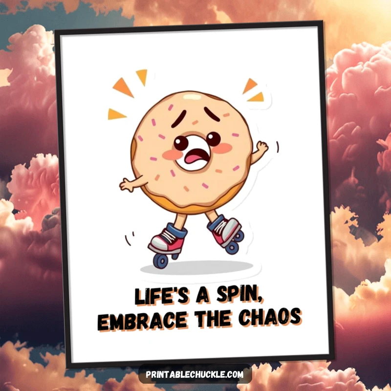 Funny Free Printable Wall Art: A bewildered donut zooms around on roller skates, adding comedic flair to any room.