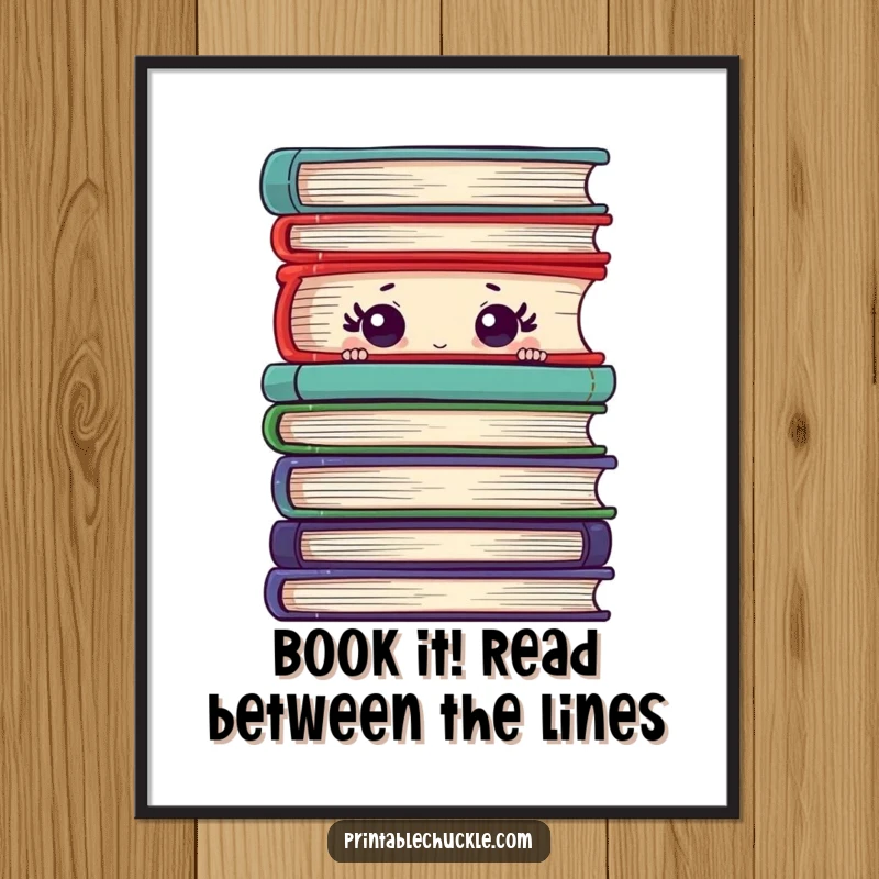 Funny Free Printable Wall Art of a shy book with eyes peeking from behind a large stack, perfect for book lovers.