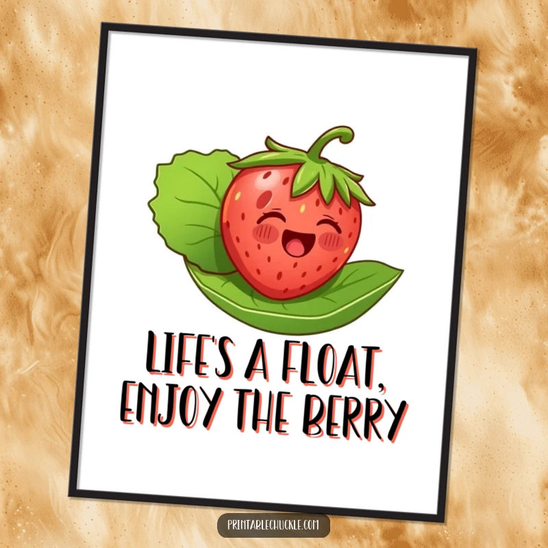 Funny Free Printable Wall Art: A cheerful strawberry attempts to float on its leaf, creating a whimsical and charming scene.