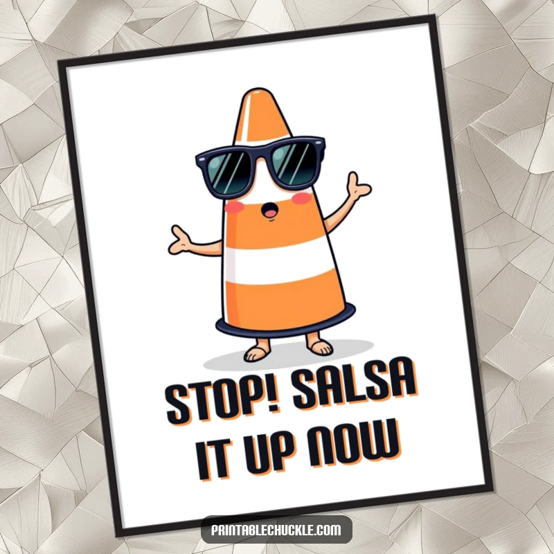 Funny Free Printable Wall Art of a bewildered traffic cone wearing sunglasses, attempting to salsa, adding vibrant decor.
