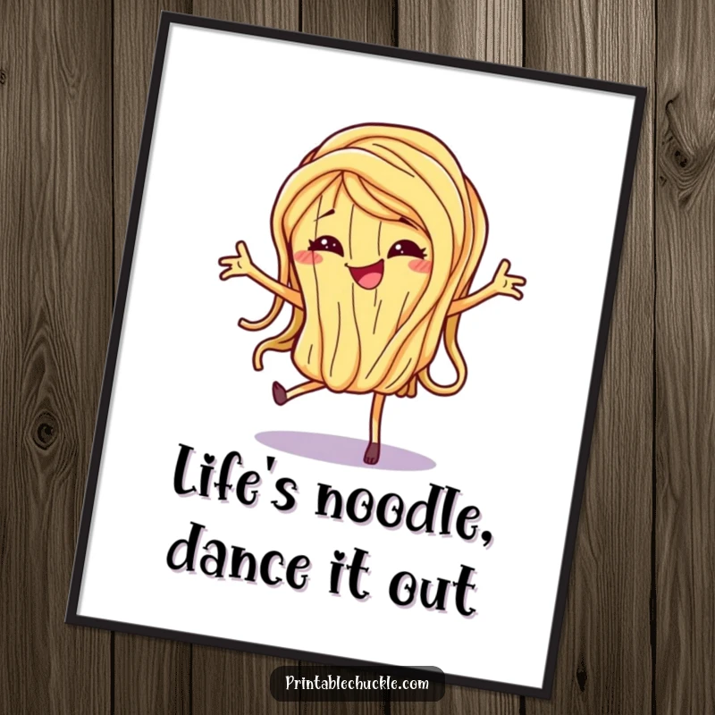 Funny Free Printable Wall Art of a happily dancing spaghetti noodle with a mischievous grin, full of life.