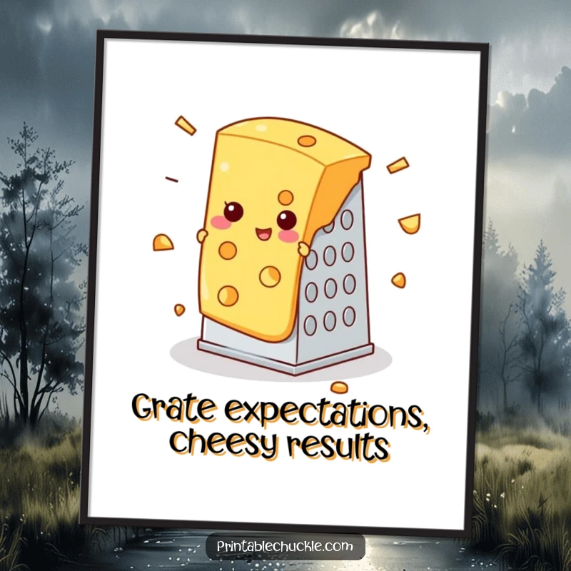 Funny Free Printable Wall Art: Slice of cheese caught in a cheese grater mishap, a hilarious downloadable piece of decor.
