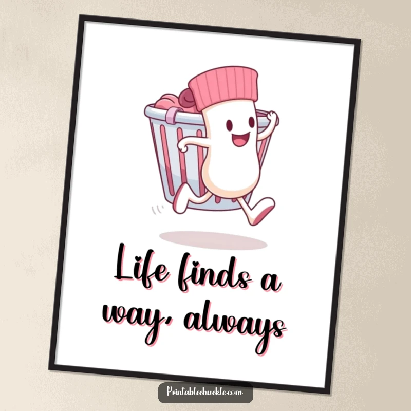 Funny Free Printable Wall Art: A sock with legs sprints from a laundry basket, a humorous and relatable piece of downloadable art.