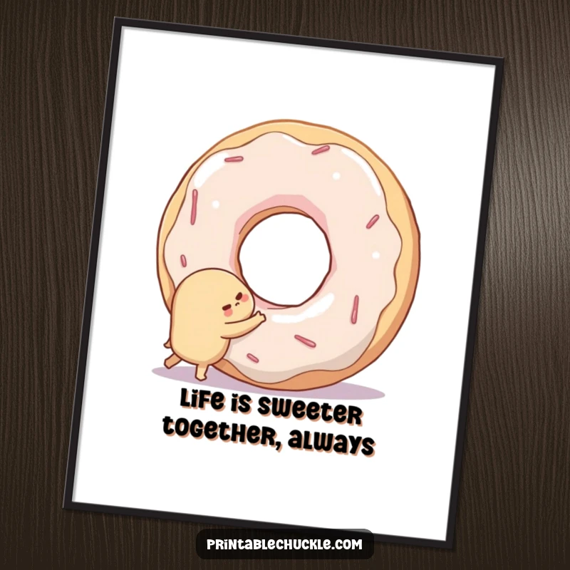 Funny Free Printable Wall Art: A shy donut hugs a giant smiling doughnut hole, a charming and humorous piece of downloadable art.