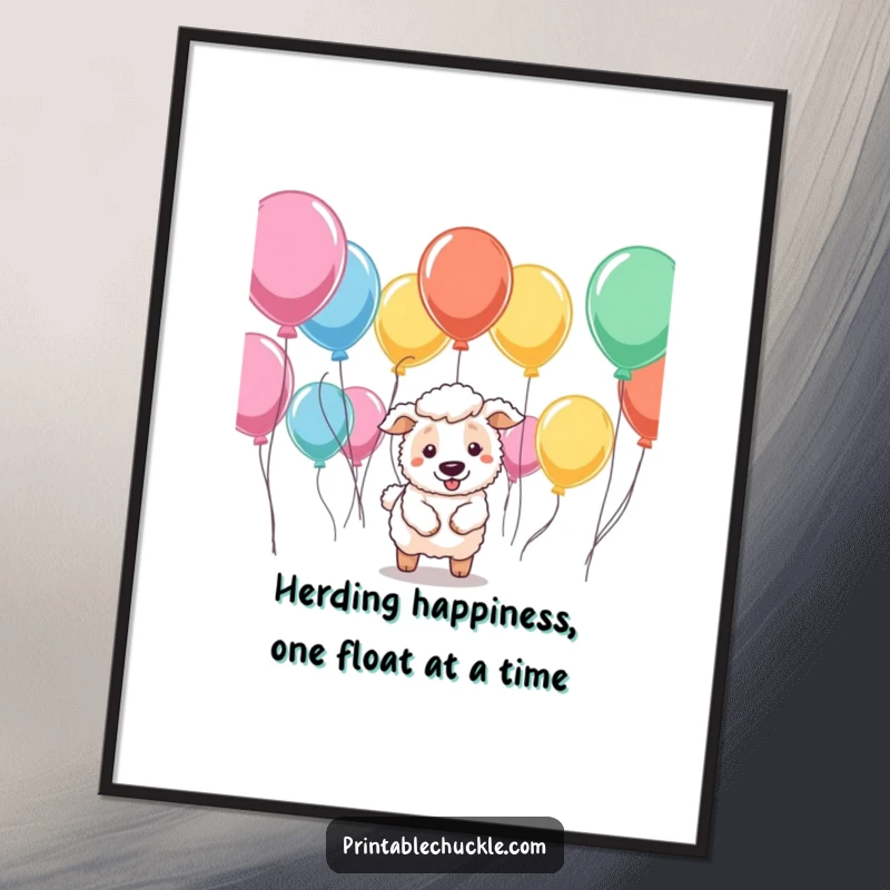 Funny Free Printable Wall Art: A sheepdog on a mission to herd a scattered flock of colorful balloons.