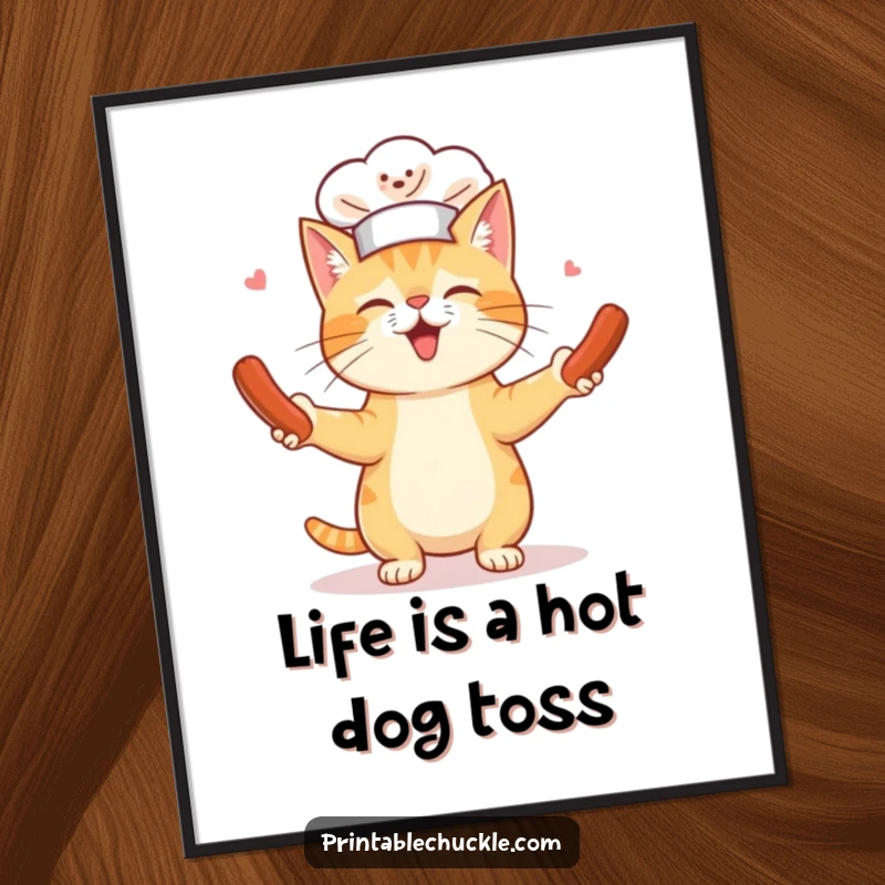 Funny free printable wall art of a cat wearing a tiny chef hat while skillfully juggling spinning hot dogs in the air.