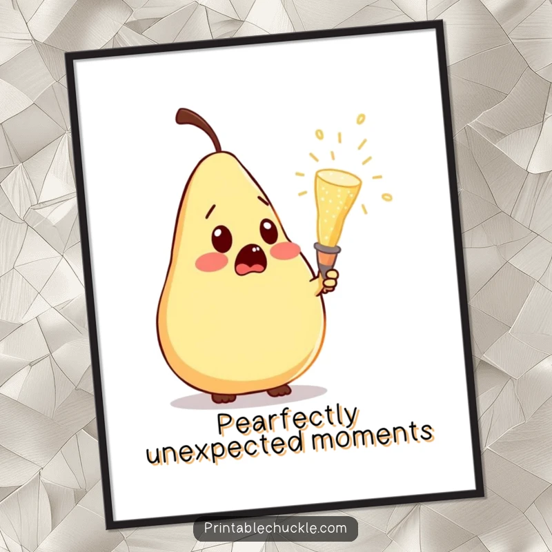 Funny free printable wall art: a pear wide-eyed in surprise as a champagne cork blasts off near it.