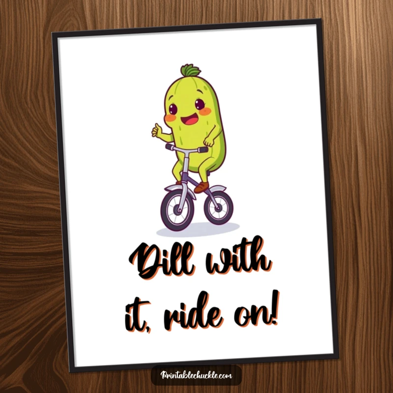Funny free printable wall art of a proud pickle humorously riding a tiny unicycle, showcasing effort and determination.