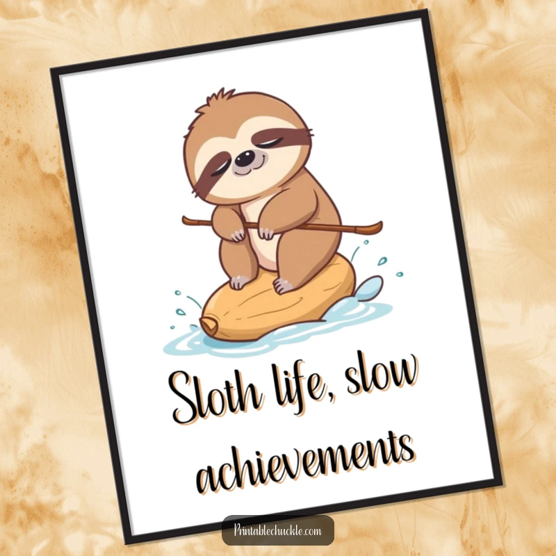 Funny free printable wall art: a very sleepy sloth humorously attempting to water ski on the surface of a single cashew nut.