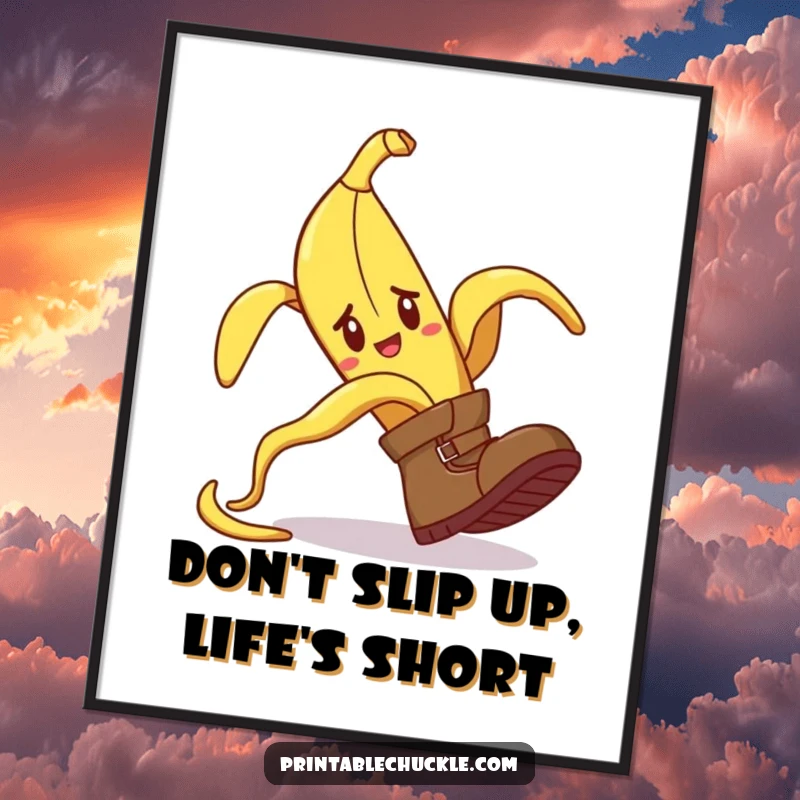 Funny Free Printable Wall Art: Confused boot comically tripping over a runaway banana peel, a hilarious scene.