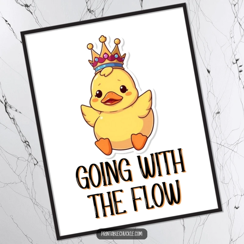 Funny Free Printable Wall Art: A confused rubber duck wearing a tiny crown floats upside down, exuding quirky charm.