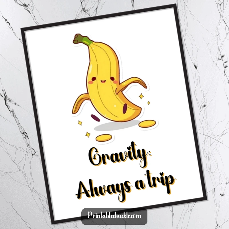 Funny Free Printable Wall Art: An anthropomorphic banana peel is captured mid-dramatic pratfall, radiating comedic chaos.