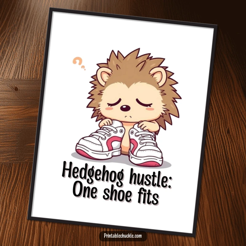 Funny Free Printable Hedgehog Wall Art: A sleepy hedgehog looks utterly confused while struggling to put on oversized sneakers.