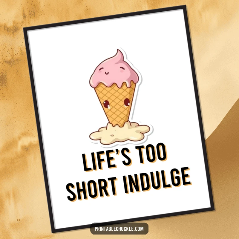 Funny Free Printable Wall Art of a melting ice cream cone in a dramatic, humorous falling pose, perfect for quirky decor.