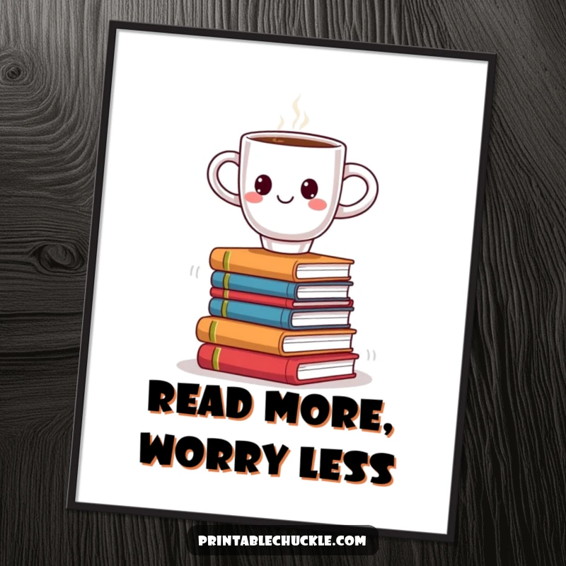 Funny Free Printable Wall Art: Smiling coffee cup attempts to balance on a wobbling stack of books, a humorous ode to learning.