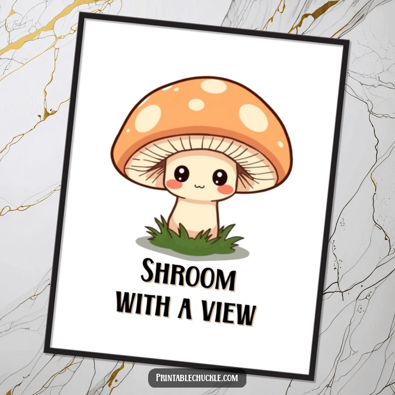 Funny Free Printable Wall Art: Shy mushroom peeking from under a large, quirky hat, whimsical illustration.