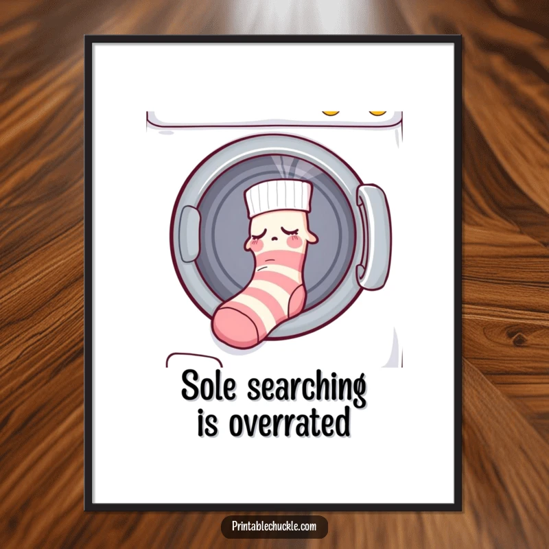 Funny Free Printable Wall Art: Sleepy sock being tugged by an unseen force into a dryer, laundry humor.