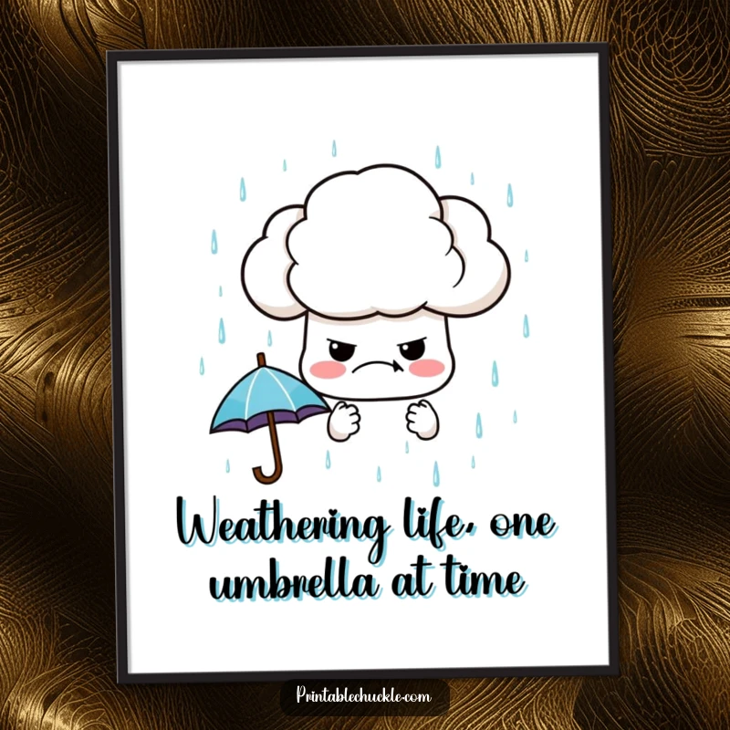Funny Free Printable Wall Art: A solitary grumpy cloud showers perfectly formed miniature umbrellas, adding quirky charm to any room.