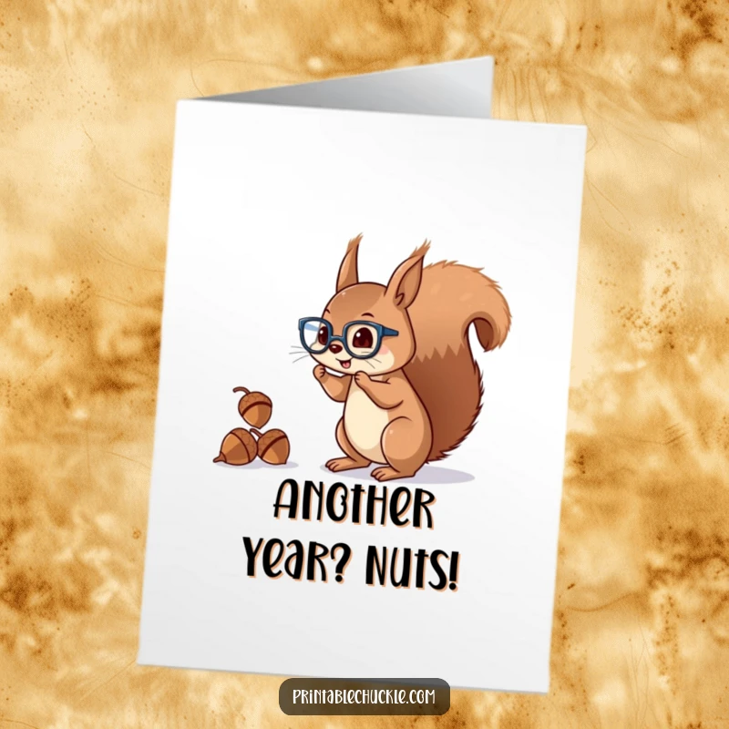 Funny Free Printable Squirrel Birthday Card: A mischievous squirrel in glasses juggles acorns with its tail for a birthday.