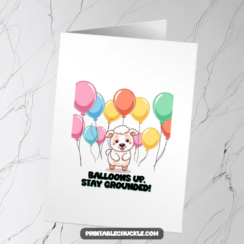 Funny Free Printable Birthday Card: Sheepdog comically trying to herd unruly balloons, ready for birthday fun.