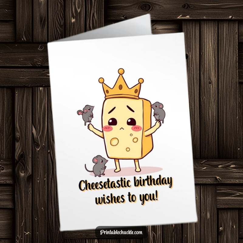 Funny Free Printable Birthday Card: Confused cheese king with crown juggles mice, an absurdly hilarious downloadable greeting.