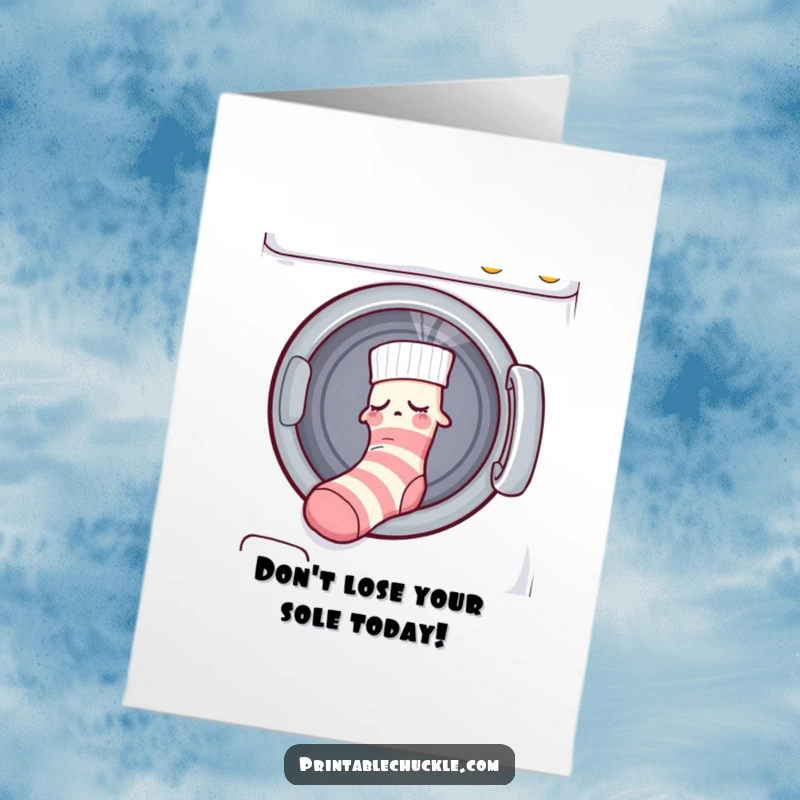 Funny Free Printable Birthday Card: Sleepy sock being tugged by an unseen force into a dryer, laundry humor.