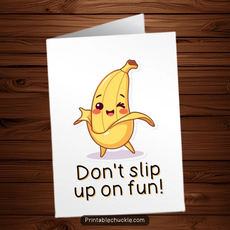Funny Free Printable Birthday Card: A smiling banana character comically trips over its own peel, embracing the silliness.