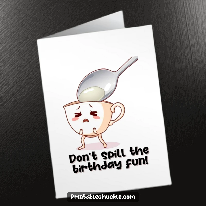 Funny Free Printable Teacup Birthday Card: Startled teacup with legs recoils from a giant spoon, expressing comical surprise.