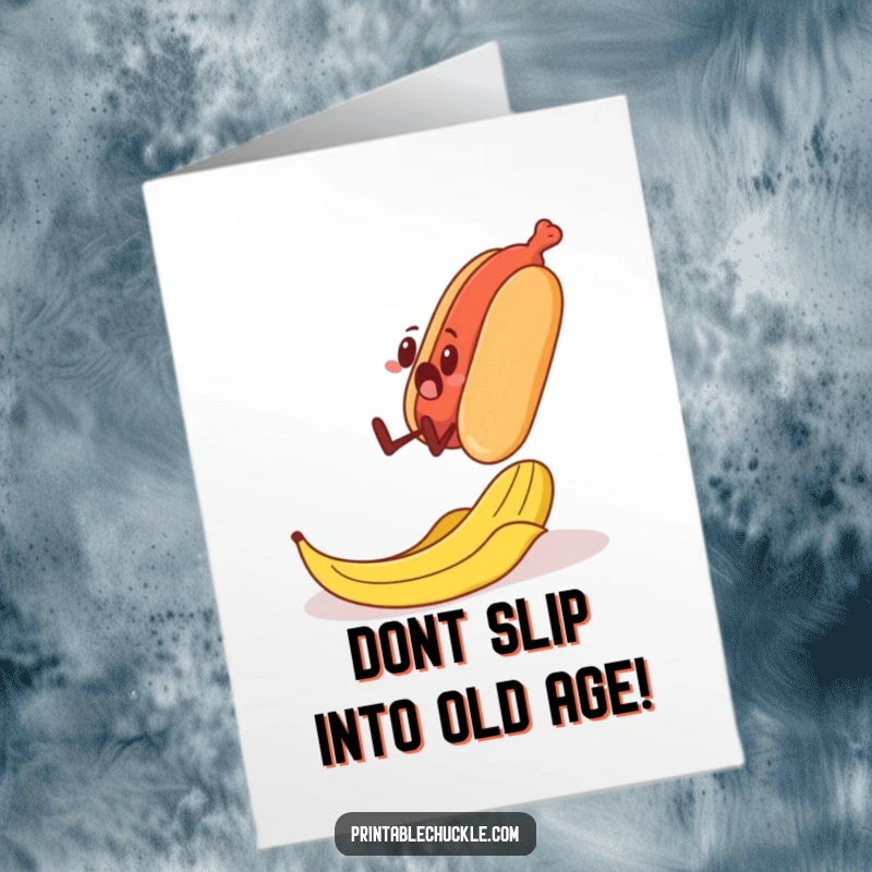 Funny Free Printable Birthday Card: Surprised banana peel causes a hot dog to nearly slip, a comical and unexpected birthday scene.