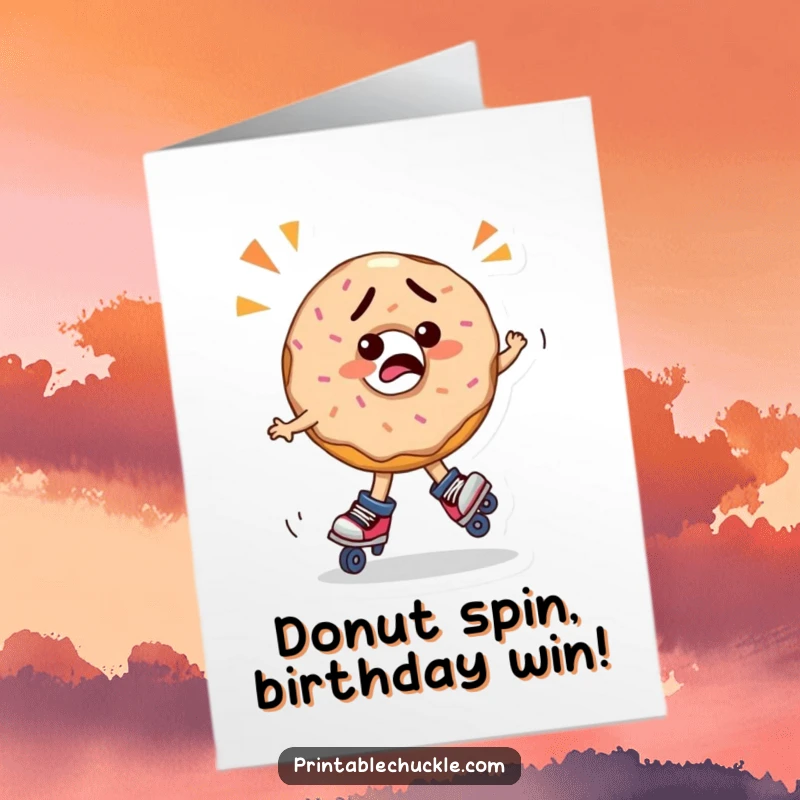Funny Free Printable Birthday Card: A confused donut in roller skates spins wildly, ready to deliver birthday cheer.