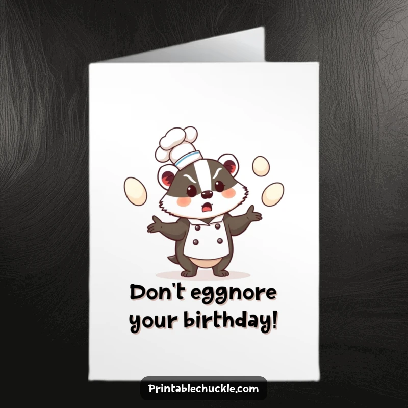 Funny Free Printable Birthday Card: Bewildered badger chef in a tiny hat, juggling eggs, a hilarious downloadable gift.