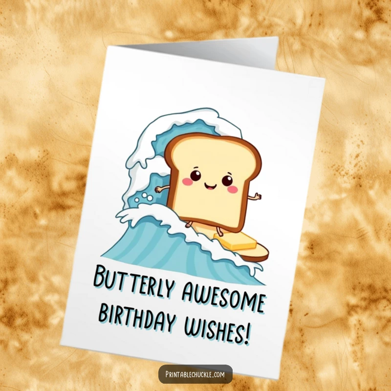 Funny Free Printable Birthday Card: Smiley toast character surfing a giant wave of butter, a hilarious downloadable party gift.