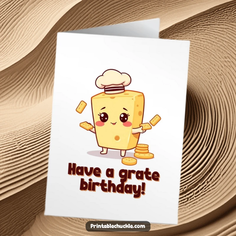 Funny Free Printable Birthday Card: A piece of cheese in a chef hat hilariously juggling crackers, spreading birthday cheer.
