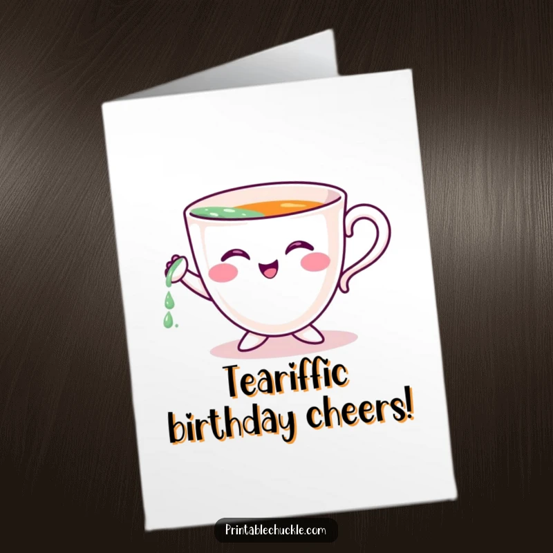 Funny Free Printable Birthday Card: Cheerful teacup character hilariously tries to pour itself, celebrating with a wink.