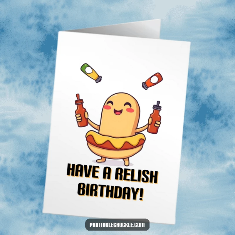 Funny Free Printable Birthday Card: Smiling hot dog in a bun juggling tiny ketchup, mustard, and relish bottles.