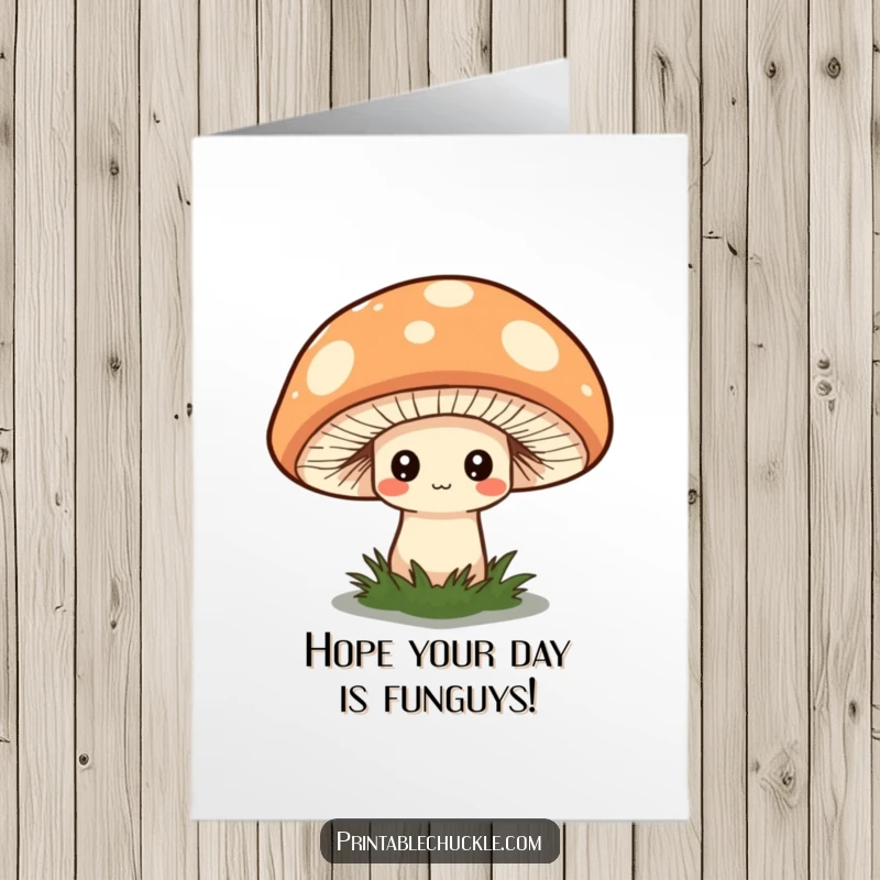 Funny Free Printable Birthday Card: Shy mushroom hiding under a giant quirky hat, cute illustration.